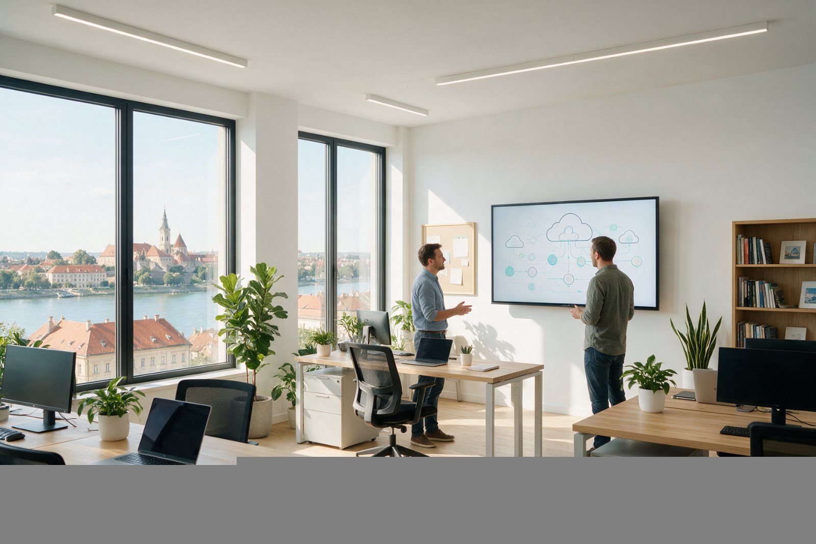 Soft4Tech engineers reviewing an architecture diagram in the Novi Sad office
